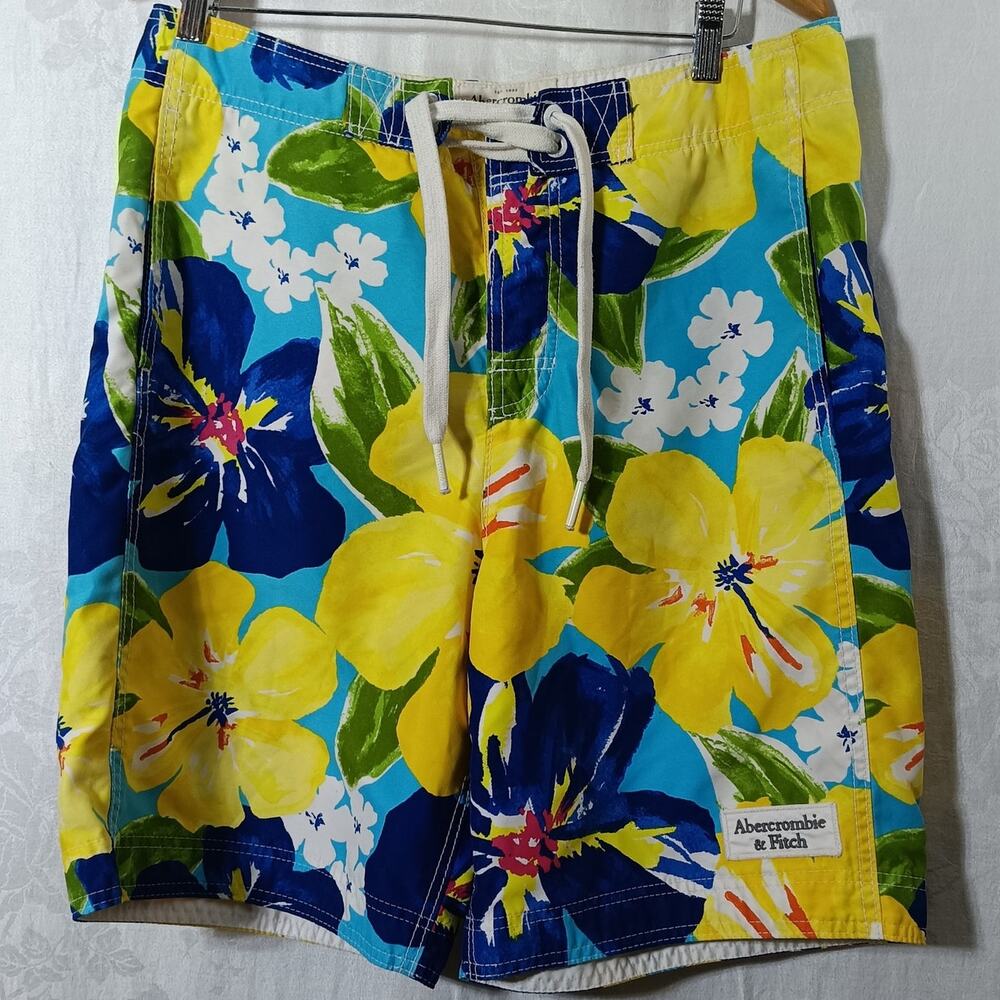 Abercrombie Fitch Board Shorts Medium Yellow Floral Swim Trunks Tropical Surf